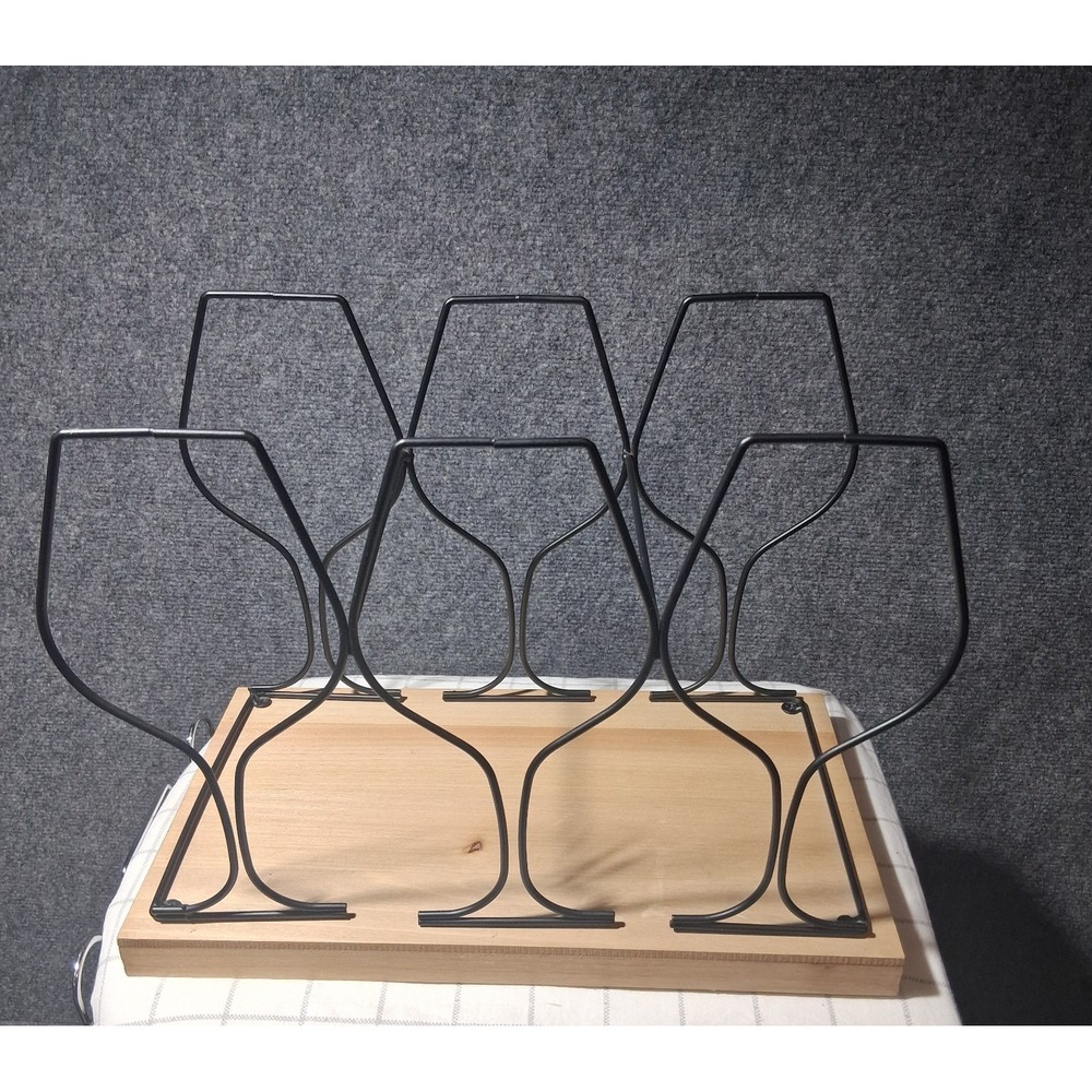 Modern Industrial 6 Bottle Wine Rack Wood Base Black Metal Wire Frame 303839